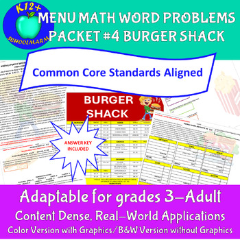 Preview of MENU MATH WORD PROBLEMS PACKET #4 BURGER SHACK
