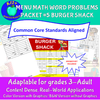 Preview of MENU MATH WORD PROBLEMS PACKET #5 BURGER SHACK