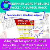 MENU MATH WORD PROBLEMS PACKET #5 BURGER SHACK