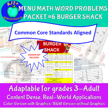 Preview of MENU MATH WORD PROBLEMS PACKET #6 BURGER SHACK