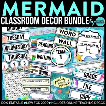 Preview of MERMAID Classroom Decor Bundle UNDER THE SEA Theme Ocean Decorations Editable