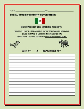 Preview of MEXICAN HISTORY WRITING PROMPT: CONTRAST  2 DIFFERENT HOLIDAYS/ GRS.5-12
