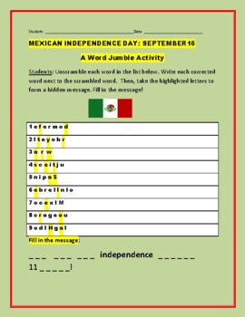 Preview of MEXICAN INDEPENDENCE DAY JUMBLE ACTIVITY  W/ ANS. KEY   GRS. 7-12, ESL