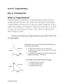 Preview of MFM2P – Grade 10 Applied Math – Unit 5 Trigonometry