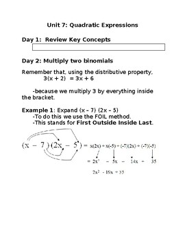 Preview of MFM2P – Grade 10 Applied Math – Unit 7 Quadratics/Factoring