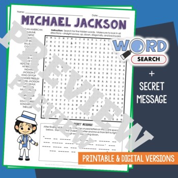 Preview of MICHAEL JACKSON Word Search Puzzle Activity Vocabulary Worksheet Secret Message