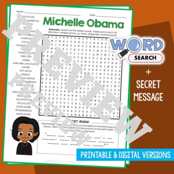 Preview of MICHELLE OBAMA Word Search Puzzle Activity Vocabulary Worksheet Secret Message