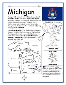 Preview of MICHIGAN Introductory Geography Printable Worksheet with map and flag