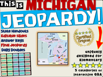 Preview of MICHIGAN STATE JEOPARDY GAME! handouts, answer keys, interactive game board