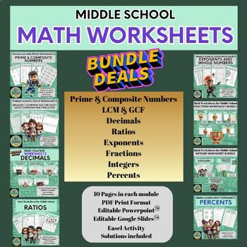 Preview of MIDDLE SCHOOL MATH WORKSHEETS for 4th-5th-6th Grades * BUNDLE