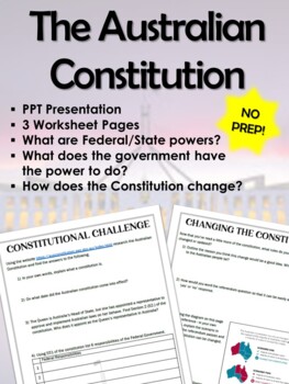 Preview of MIDDLE YEARS CIVICS - AUSTRALIAN CONSTITUTION - ENGAGING PPT and WORKSHEET!