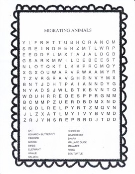 Preview of MIGRATING ANIMALS word search puzzle with 15 animals