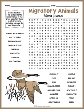 MIGRATORY ANIMALS - Migration Word Search Puzzle Worksheet Activity