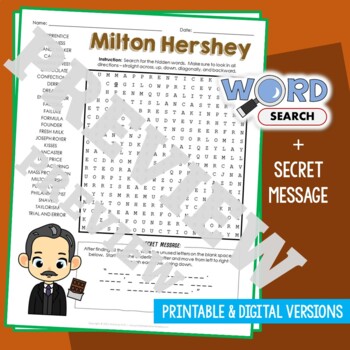 Preview of MILTON HERSHEY Word Search Puzzle Activity Vocabulary Worksheet Secret Message