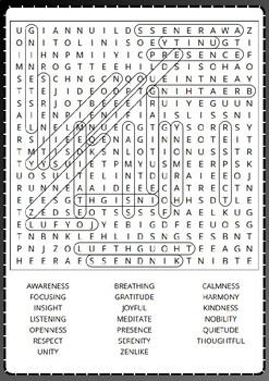 MINDFULNESS Word Search Puzzle No prep Activity Worksheets, Morning Work