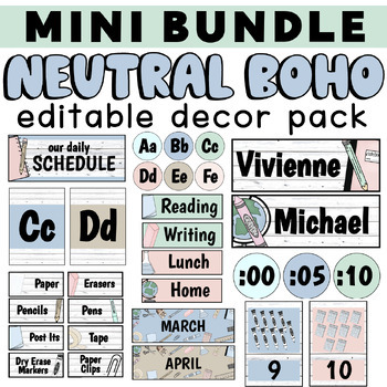 Preview of MINI DECOR Class Pack Boho Neutral Calm Theme Classroom Pack Bundle EDITABLE