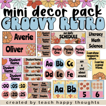 Preview of MINI DECOR Class Pack RETRO GROOVY 90s Theme Classroom Pack Bundle EDITABLE Fun