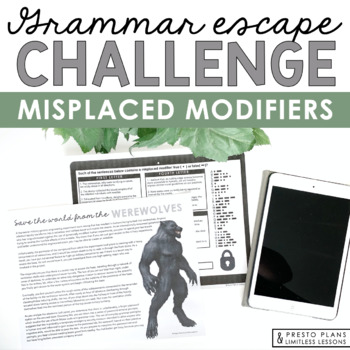 Preview of Misplaced Modifiers Grammar Activity Escape Room Challenge, Slides, and Quiz