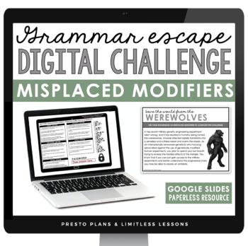 Preview of Misplaced Modifiers Escape Room Digital Grammar Activity, Google Slides, & Quiz