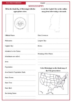Preview of MISSISSIPPI Fact File Worksheet - Research Sheet