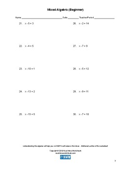 MIxed Algebra (Beginner) by Need More Worksheets | TPT