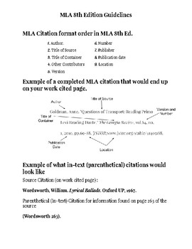 Preview of MLA 8th Edition Guidelines Reference Sheet