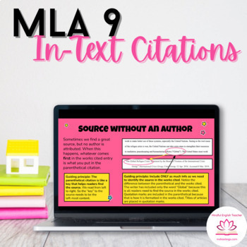 Preview of MLA 9 In-Text Citations lesson with video link, slideshow, Google form