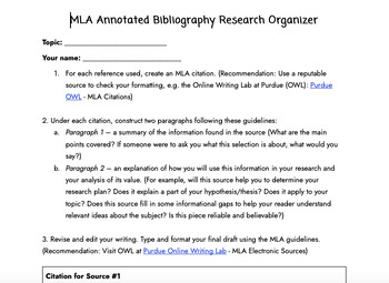 Preview of MLA Annotated Bibliography Graphic Organizer