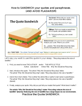 Preview of MLA Citation "Quote Sandwich" Practice, avoid plagarism