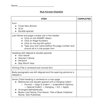 Preview of MLA Format Checklist & Example