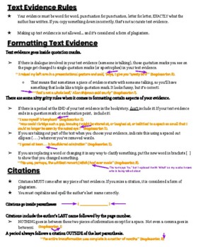 Preview of MLA Text Evidence and Citation Rules and Formatting