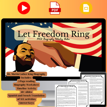 Preview of MLK Biography w/reading passage, Google Slides in English, Spanish, and French!