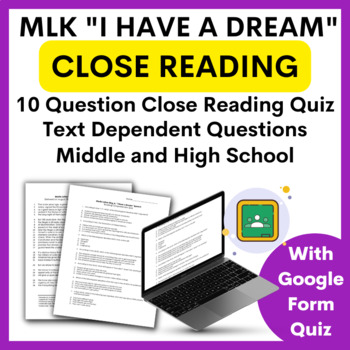 Preview of MLK Close Reading and Comprehension Quiz “I Have a Dream” Speech