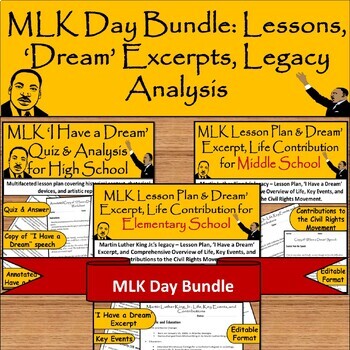 Preview of MLK Day Educational Bundle: Lessons Plan, ‘Dream’ Excerpts, Legacy Analysis/ BHM