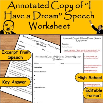 Preview of MLK Day: I Have a Dream Speech Analysis: Annotated Worksheet with Key Answers