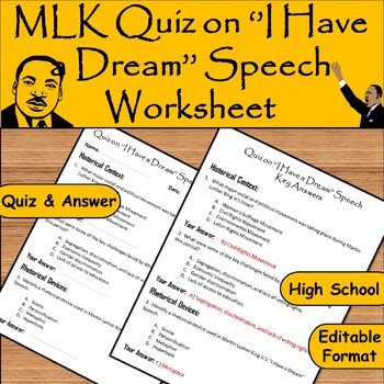 Preview of MLK Day:‘’I Have a Dream’’ Speech Quiz Worksheet with Answer Key for High School