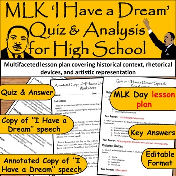 Preview of MLK Day Lesson: ‘I Have a Dream’ Speech Analysis with Quiz for High School/ BHM