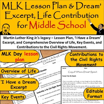 Preview of MLK Day for middle School Lesson Plan,'Dream' Excerpt ,Overview of Life & Legacy