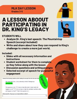 Preview of MLK Day Lesson: Social justice focused using the Mountaintop Speech (3-5)
