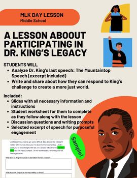 Preview of MLK Day Lesson: Social justice focused using the Mountaintop Speech (MS)