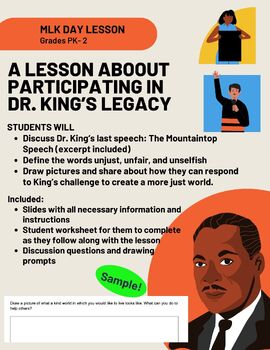 Preview of MLK Day Lesson: Social justice focused using the Mountaintop Speech (PK-2)