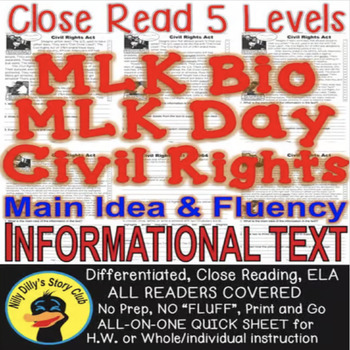 Preview of MLK Day, MLK Bio, Civil Rights Acts LEVELED PASSAGES Main Idea Fluency TDQs
