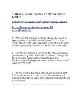 Preview of MLK "I Have A Dream Speech" video questions