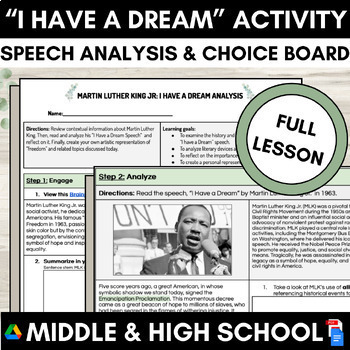 Preview of MLK I Have a Dream Activity High School English Speech Analysis, Project, Lesson