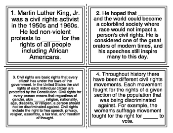 Preview of MLK Jr. Cloze Reading Task Cards (28 Cards)