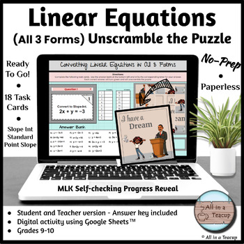 Preview of Converting Linear Equation Slope Int- Standard - Point Slope MLK Puzzle Activity