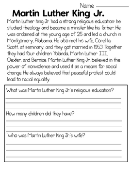MLK- Martin Luther King Jr Reading Comprehension With Question/Answers