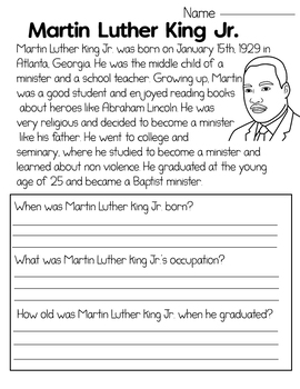 MLK- Martin Luther King Jr Reading Comprehension With Question/Answers