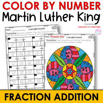Preview of MLK Math Adding Fractions with unlike Denominator Color by Number Worksheets