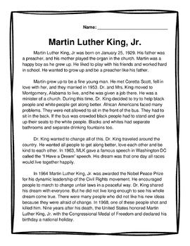 Preview of MLK Comprehension Passage & 5 Question Quiz (Editable)